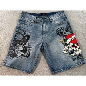 Ed Hardy Short Mens 32 Blue Cotton Denim Skater Baggy Jorts Y2K Skull